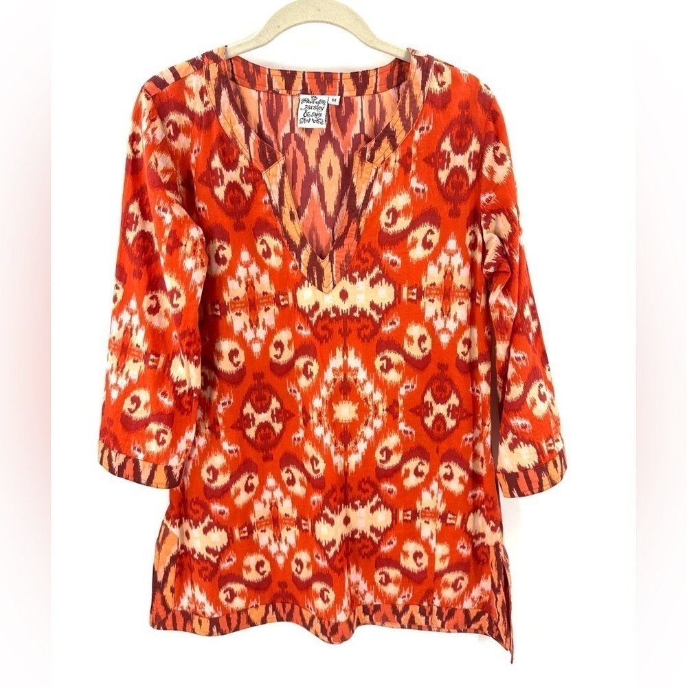 Parsley & Sage Tunic Top Womens Medium Boho Indie Colorful Ikat Artsy Cotton